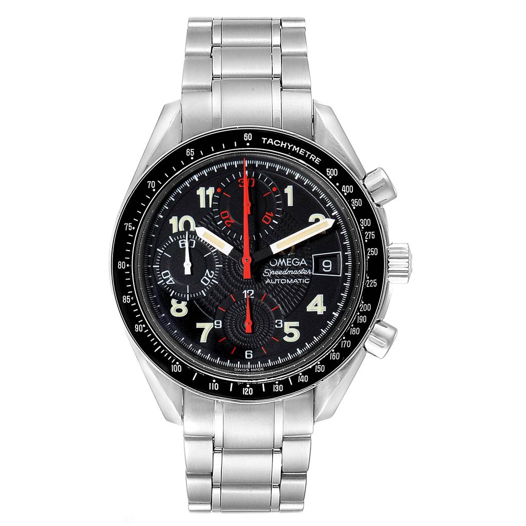 The Omega Speedmaster 3513.53.00 Men
s Stainless Steel Black Dial 3513.53.00 Men
s Stainless Steel Black Dial watch is shown from the front angle, highlighting its dial, bezel, and stainless steel bracelet.