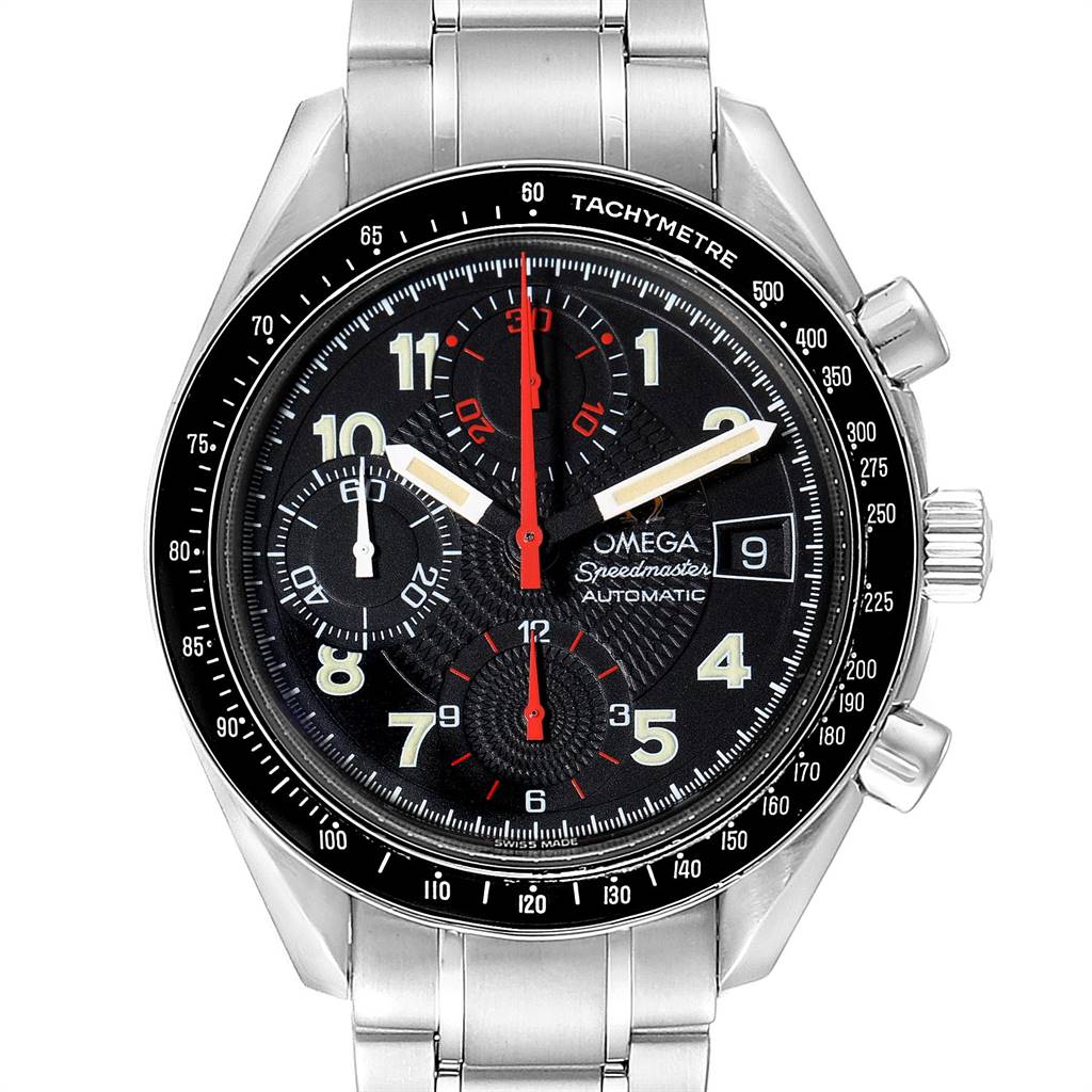 The image shows a frontal view of an Omega Speedmaster 3513.53.00 Men
s Stainless Steel Black Dial 3513.53.00 Men
s Stainless Steel Black Dial watch, displaying the dial, tachymeter bezel, and chronograph pushers.