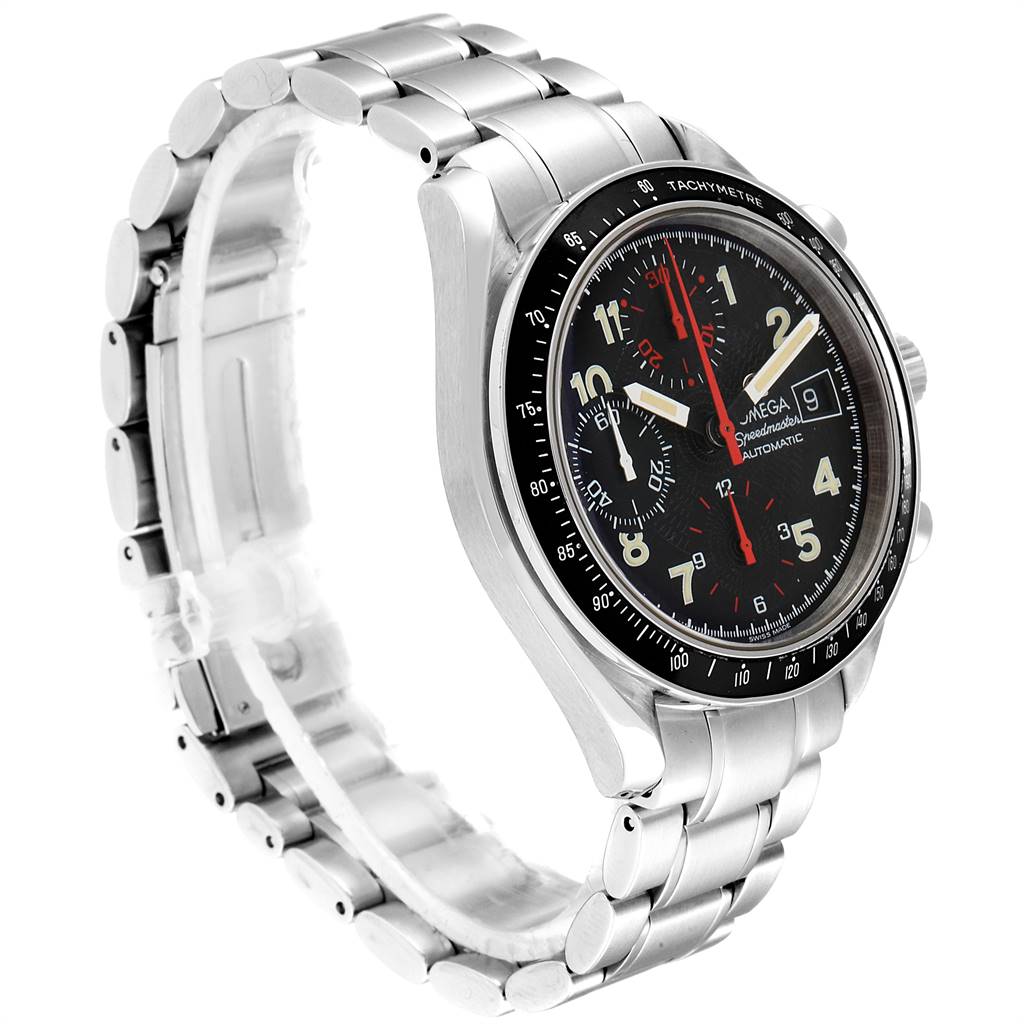 The Omega Speedmaster 3513.53.00 Men
s Stainless Steel Black Dial 3513.53.00 Men
s Stainless Steel Black Dial watch is shown at an angle highlighting its dial, bezel, and metal bracelet.