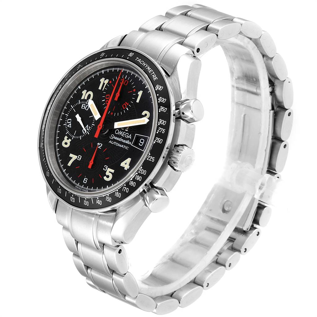 The Omega Speedmaster 3513.53.00 Men
s Stainless Steel Black Dial 3513.53.00 Men
s Stainless Steel Black Dial watch is shown at a three-quarter angle, highlighting the face, bezel, buttons, and metal bracelet.