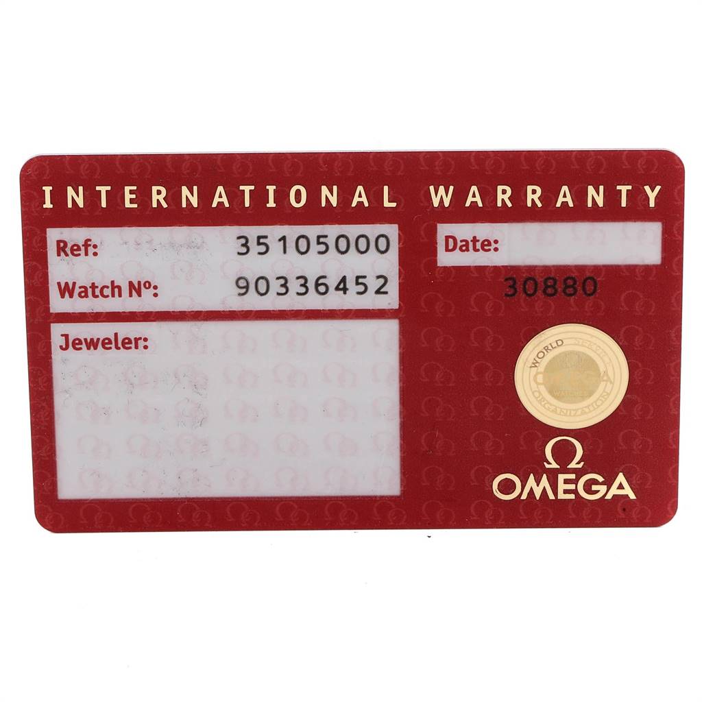 The image shows an Omega Speedmaster 3510.50.00 Men
s Stainless Steel Black Dial 3510.50.00 Men
s Stainless Steel Black Dial International Warranty card, displaying reference numbers and sections for date and jeweler information.