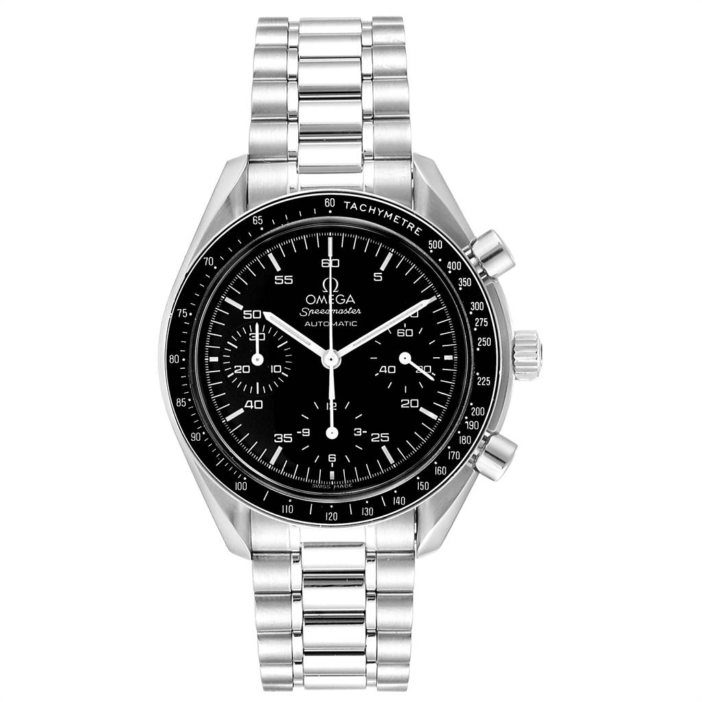 The image shows a front view of the Omega Speedmaster 3510.50.00 Men
s Stainless Steel Black Dial 3510.50.00 Men
s Stainless Steel Black Dial watch, highlighting its black dial, tachymeter bezel, and stainless steel bracelet.
