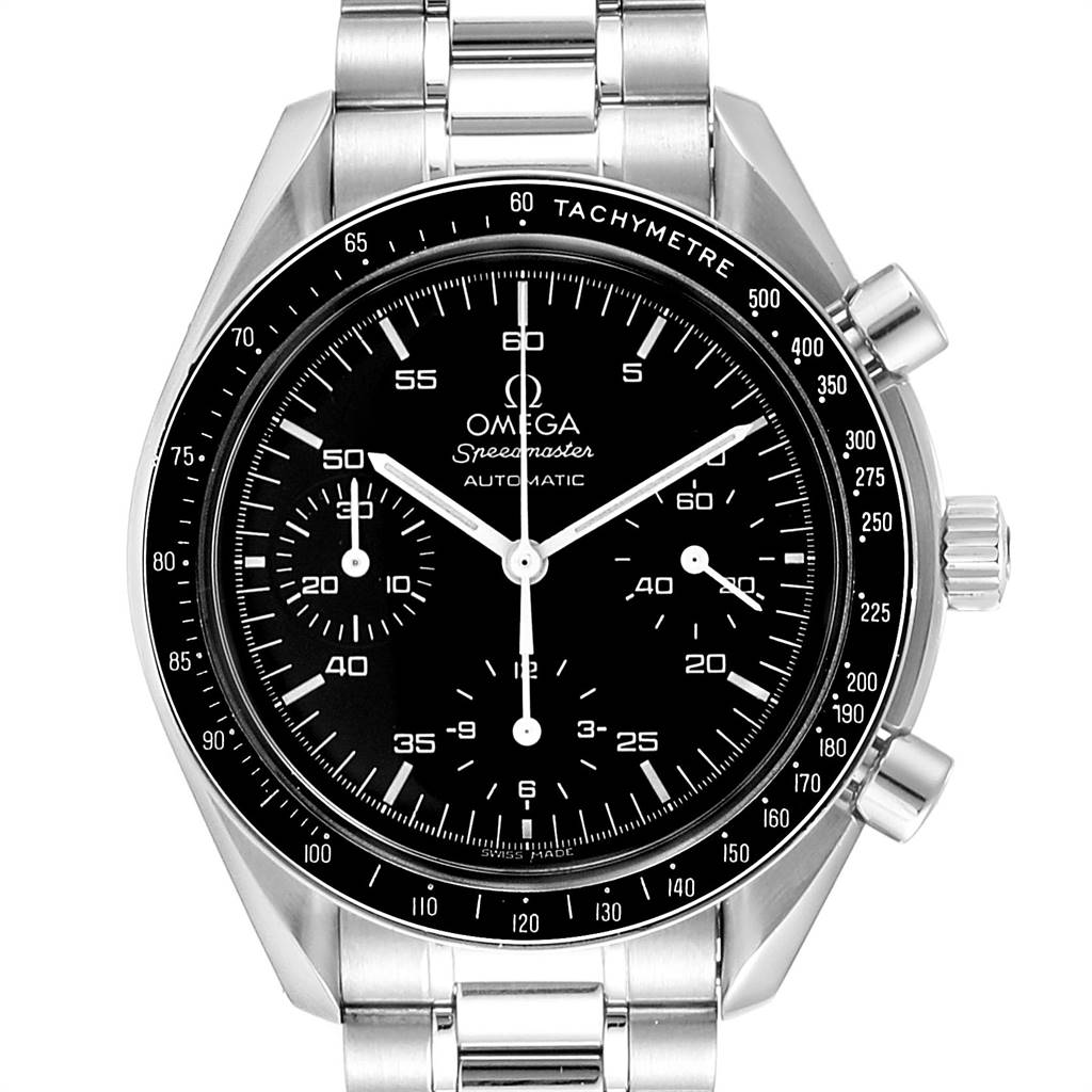 The image shows a front view of the Omega Speedmaster 3510.50.00 Men
s Stainless Steel Black Dial 3510.50.00 Men
s Stainless Steel Black Dial watch, displaying its dial, tachymeter, and chronograph pushers.