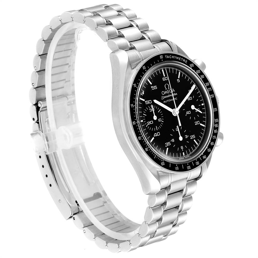 The Omega Speedmaster 3510.50.00 Men
s Stainless Steel Black Dial 3510.50.00 Men
s Stainless Steel Black Dial watch is shown at a three-quarter angle, showcasing its black dial, bezel, and stainless steel bracelet.
