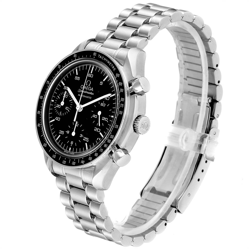 This Omega Speedmaster 3510.50.00 Men
s Stainless Steel Black Dial 3510.50.00 Men
s Stainless Steel Black Dial watch is shown at a three-quarter angle, highlighting its stainless steel band, case, and face with chronographs.