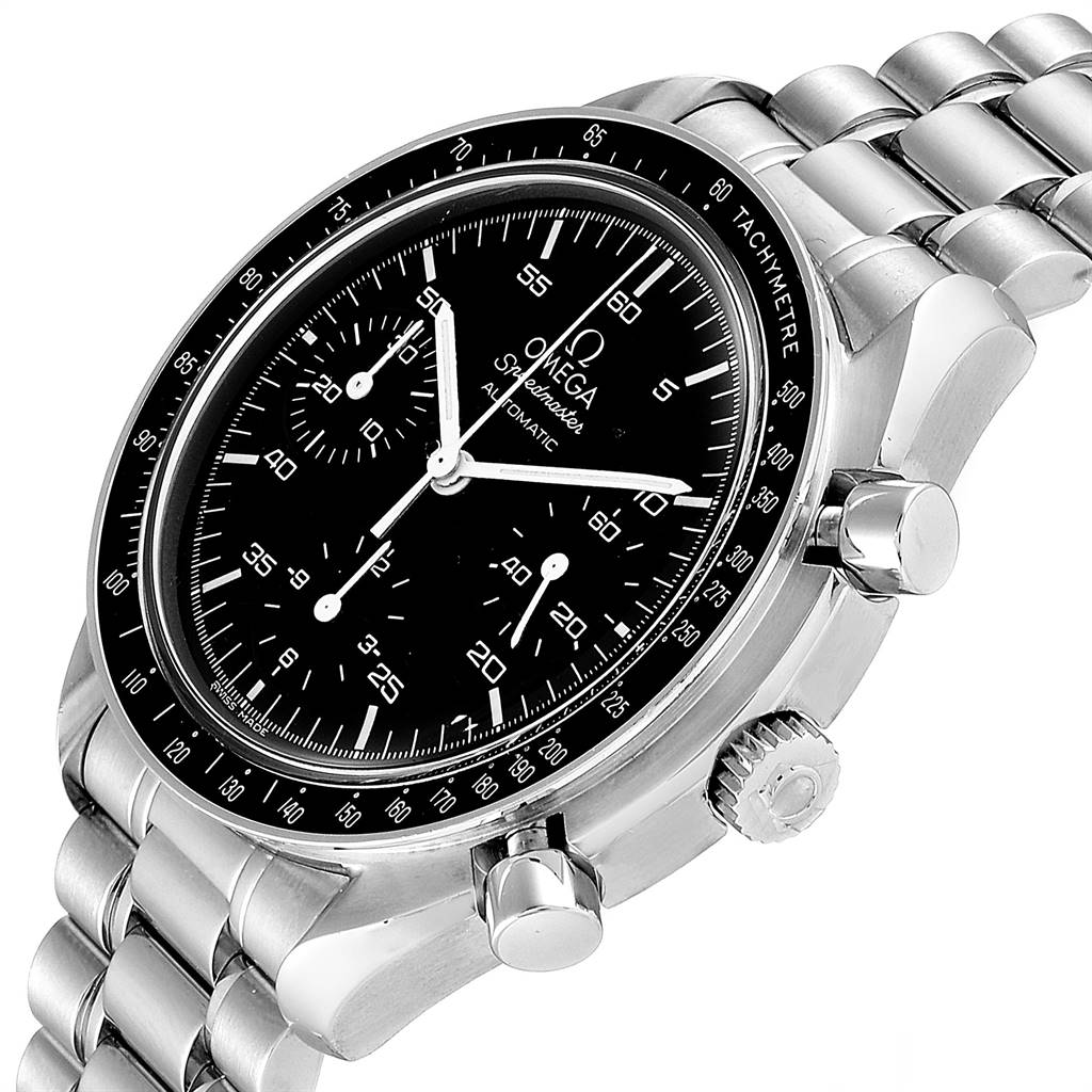 This Omega Speedmaster 3510.50.00 Men
s Stainless Steel Black Dial 3510.50.00 Men
s Stainless Steel Black Dial watch is shown at an angled front view, highlighting its black dial, tachymeter bezel, and stainless steel bracelet.