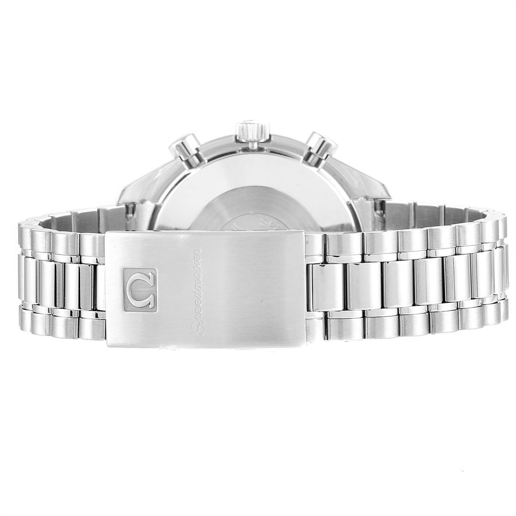 The image shows the back side of the Omega Speedmaster 3510.50.00 Men
s Stainless Steel Black Dial 3510.50.00 Men
s Stainless Steel Black Dial watch, focusing on the clasp and bracelet.