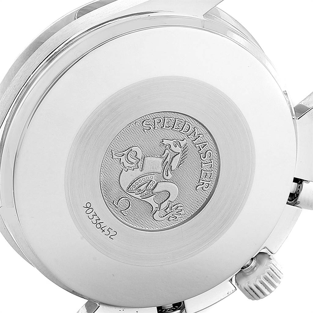 The image shows the case back and crown of an Omega Speedmaster 3510.50.00 Men
s Stainless Steel Black Dial 3510.50.00 Men
s Stainless Steel Black Dial watch, featuring its distinctive emblem and a serial number.