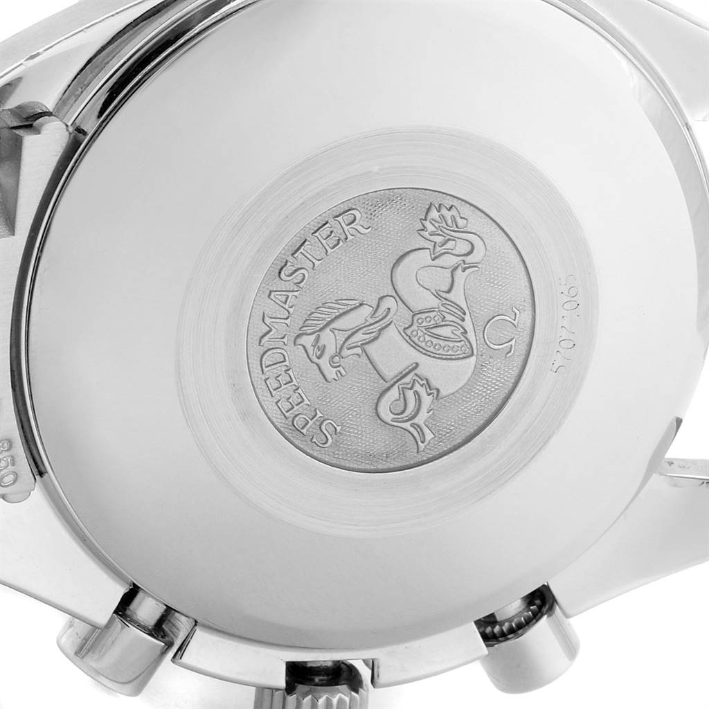 The image shows the back case of an Omega Speedmaster 3523.80.00 Men
s Stainless Steel Blue Dial 3523.80.00 Men
s Stainless Steel Blue Dial watch, featuring engraved branding and emblem.