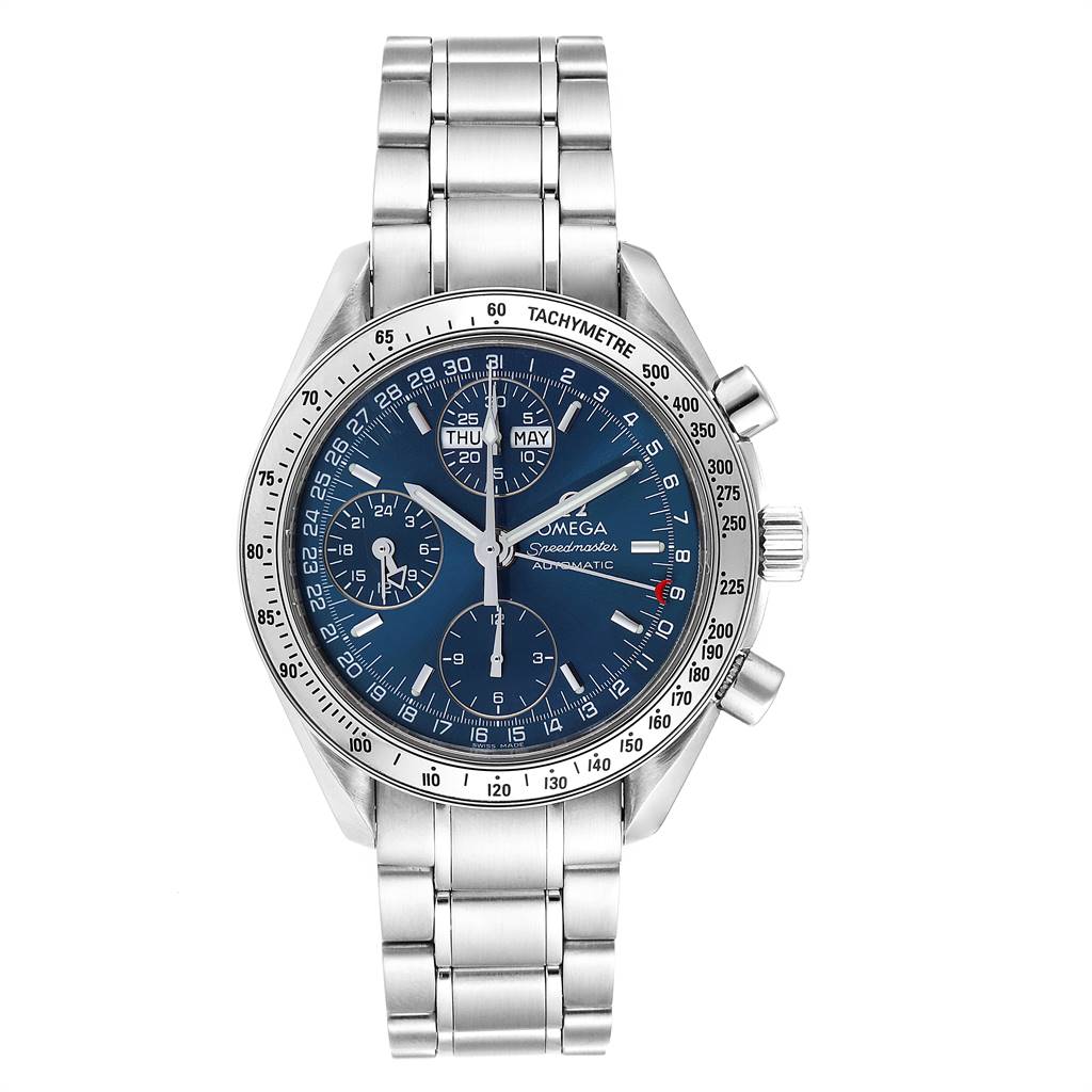 The image shows a front view of an Omega Speedmaster 3523.80.00 Men
s Stainless Steel Blue Dial 3523.80.00 Men
s Stainless Steel Blue Dial watch with a blue dial and a stainless steel bracelet.