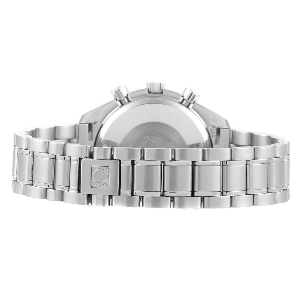 The image shows the back view of an Omega Speedmaster 3523.80.00 Men
s Stainless Steel Blue Dial 3523.80.00 Men
s Stainless Steel Blue Dial watch, focusing on its metal bracelet and clasp.