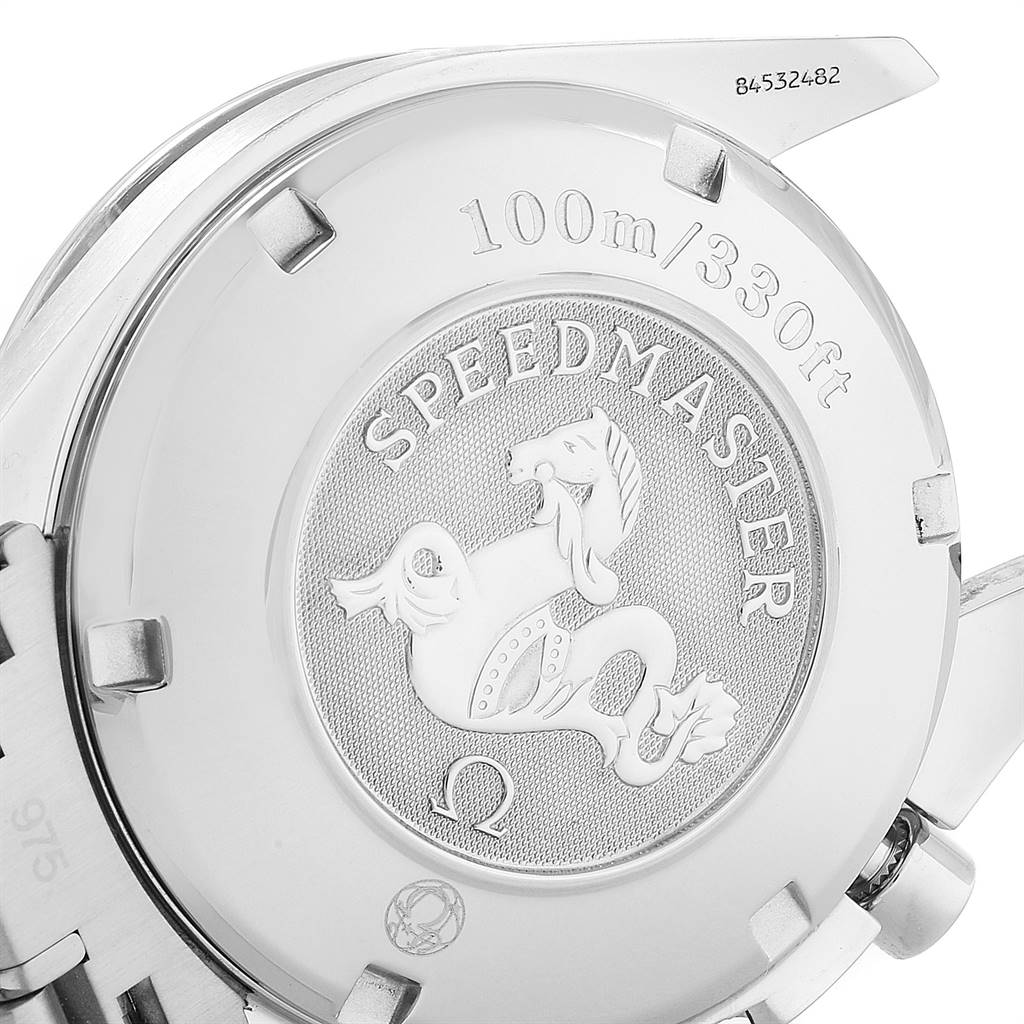 This image shows the case back of an Omega Speedmaster 3210.50.00 Men
s Stainless Steel Black Dial 3210.50.00 Men
s Stainless Steel Black Dial watch, highlighting its emblem and water resistance marking.