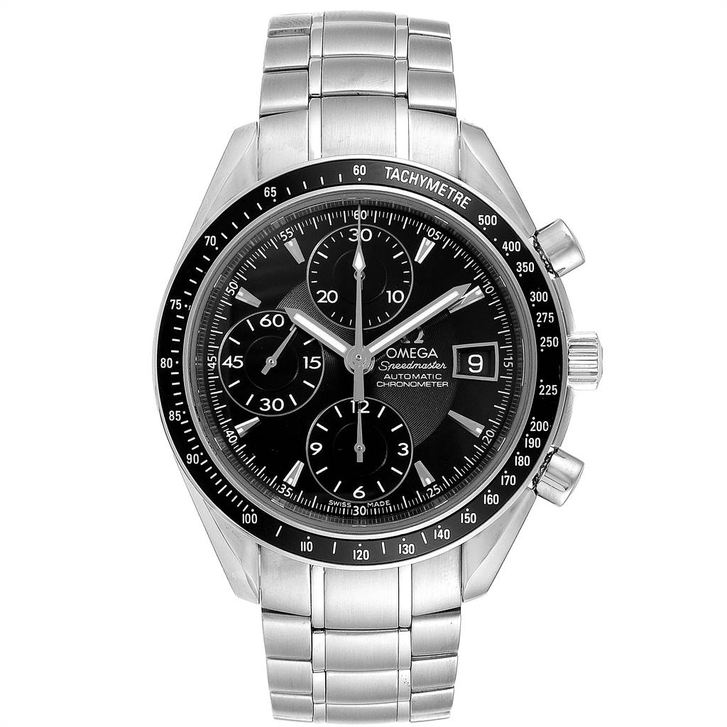 This image shows a front view of an Omega Speedmaster 3210.50.00 Men
s Stainless Steel Black Dial 3210.50.00 Men
s Stainless Steel Black Dial watch, featuring the dial, bezel, crown, and bracelet.