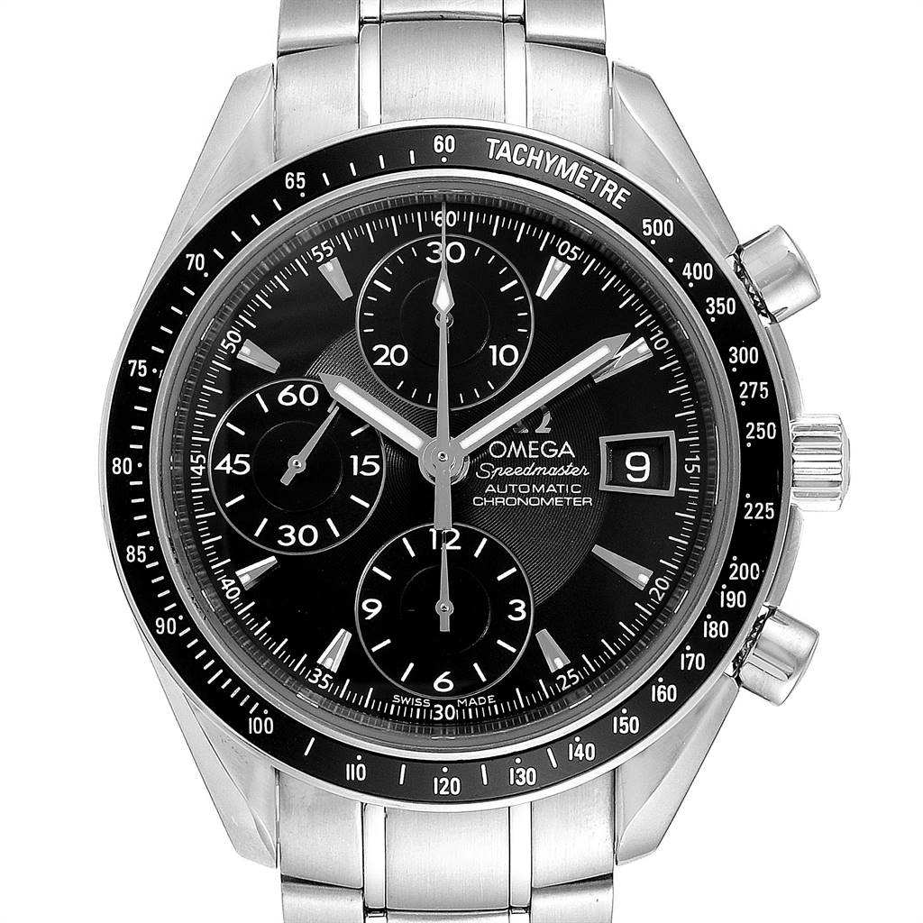 This image shows the Omega Speedmaster 3210.50.00 Men
s Stainless Steel Black Dial 3210.50.00 Men
s Stainless Steel Black Dial watch from a front view, highlighting its black dial, chronograph functions, and tachymeter bezel.