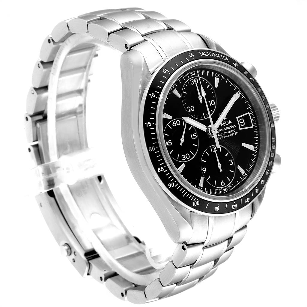 This image shows a side angle of the Omega Speedmaster 3210.50.00 Men
s Stainless Steel Black Dial 3210.50.00 Men
s Stainless Steel Black Dial with a clear view of the bracelet, bezel, and face.