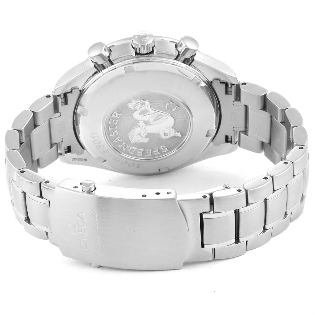 The image shows the back case, crown, and clasp of an Omega Speedmaster 3210.50.00 Men
s Stainless Steel Black Dial 3210.50.00 Men
s Stainless Steel Black Dial watch at an angle.