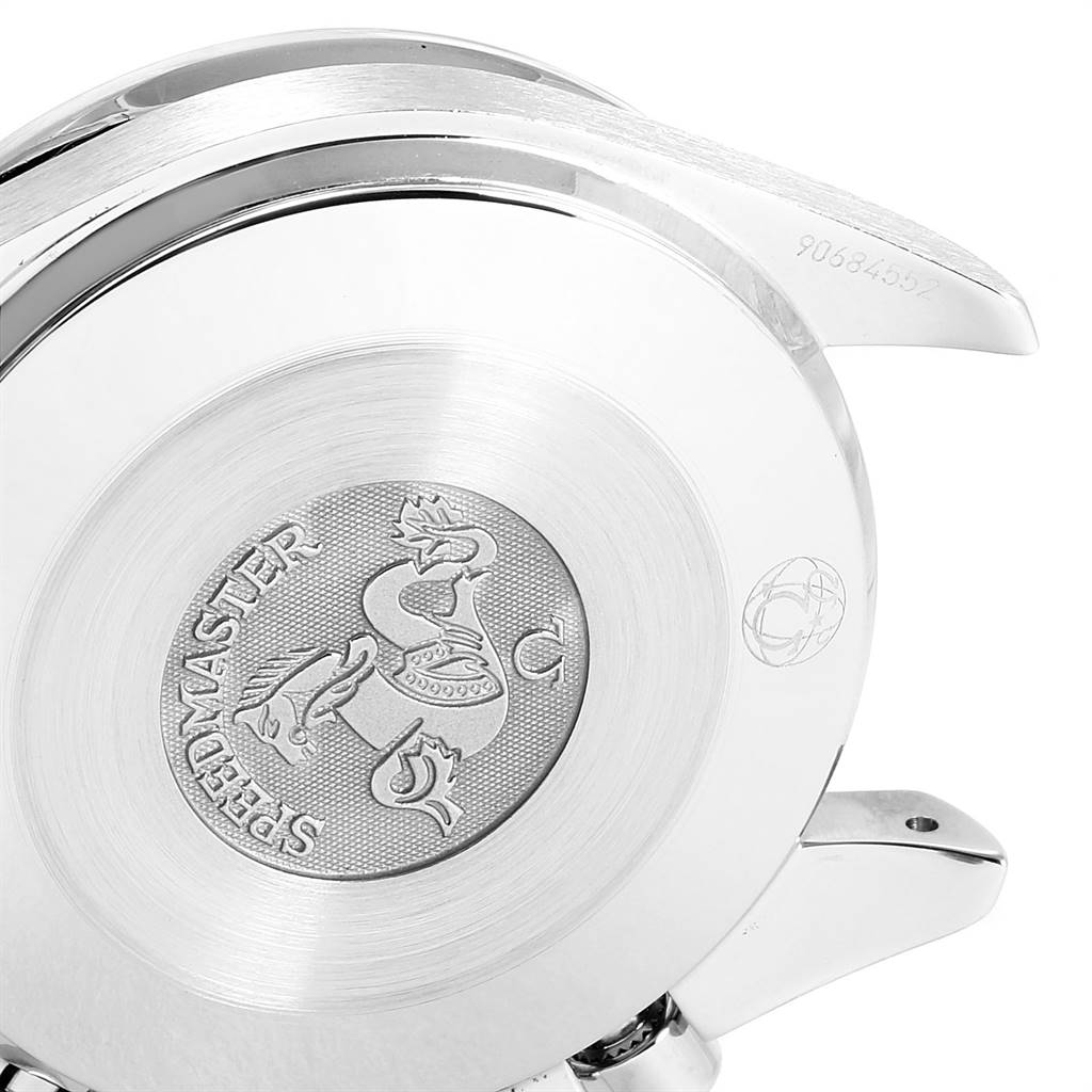 This image shows a close-up of the back casing of the Omega Speedmaster 3539.50.00 Men
s Stainless Steel Black Dial 3539.50.00 Men
s Stainless Steel Black Dial watch, highlighting the engraved logo and text.