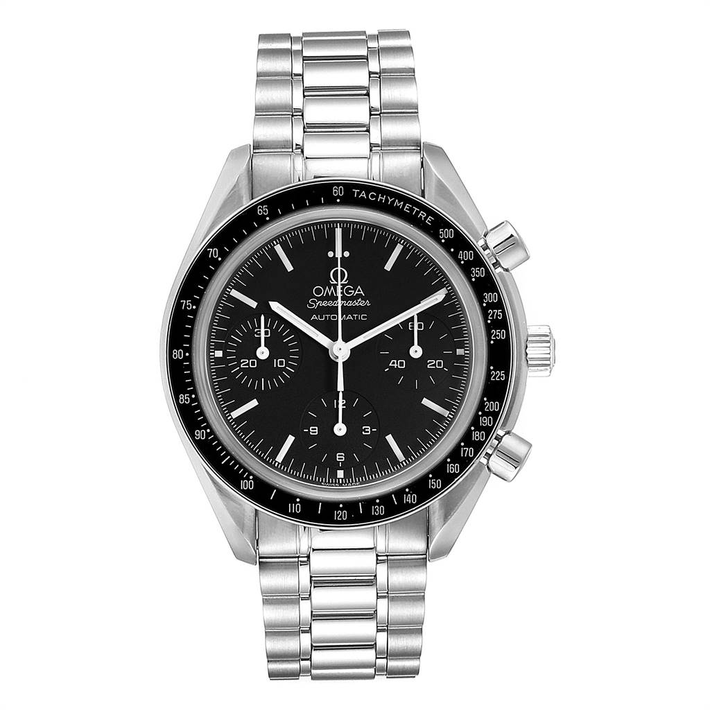 This image shows a frontal view of the Omega Speedmaster 3539.50.00 Men
s Stainless Steel Black Dial 3539.50.00 Men
s Stainless Steel Black Dial watch, featuring its black dial, tachymeter bezel, and stainless steel bracelet.