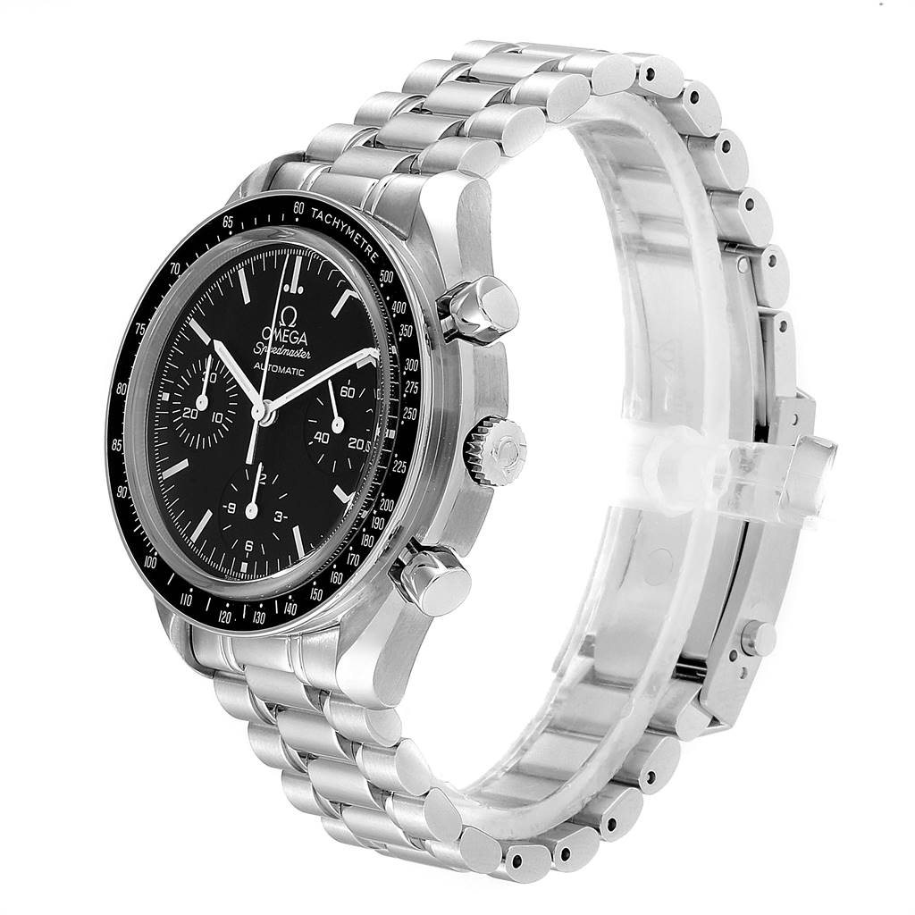 The image shows a side and slightly angled front view of the Omega Speedmaster 3539.50.00 Men
s Stainless Steel Black Dial 3539.50.00 Men
s Stainless Steel Black Dial watch, highlighting the bracelet, crown, and pushers.
