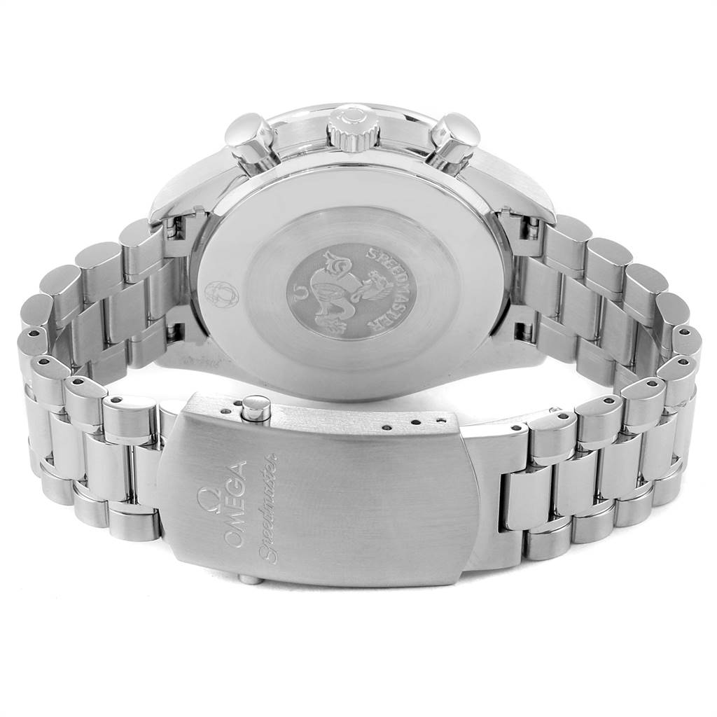 The image shows the back case and bracelet of an Omega Speedmaster 3539.50.00 Men
s Stainless Steel Black Dial 3539.50.00 Men
s Stainless Steel Black Dial watch from a rear angle.