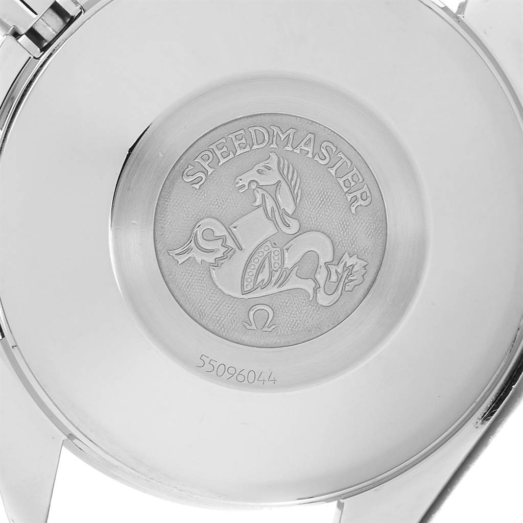 The image shows the back case of the Omega Speedmaster 3511.12.00 Men's Stainless Steel Yellow Dial 3511.12.00 Men's Stainless Steel Yellow Dial watch with the engraved logo and a serial number.