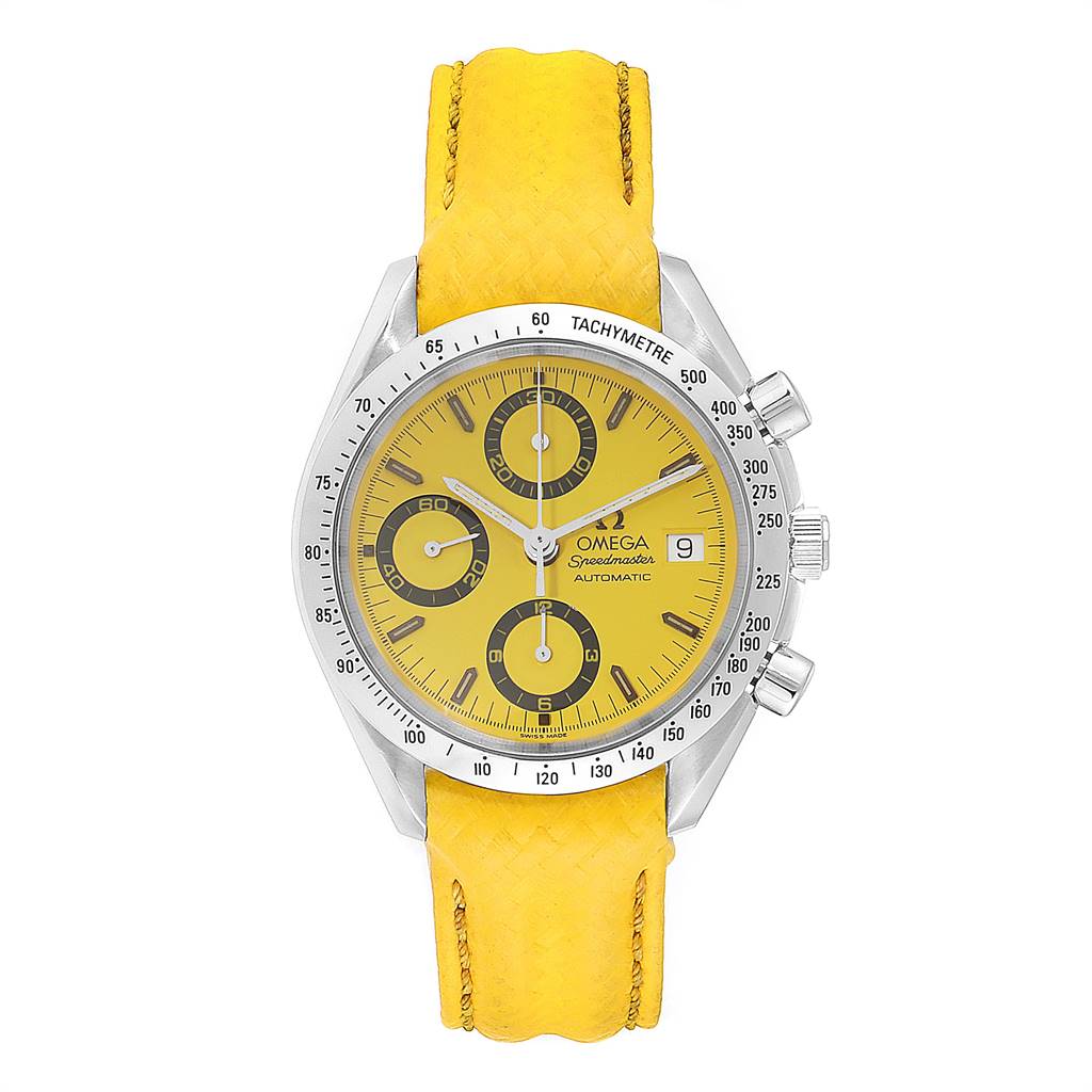 The Omega Speedmaster 3511.12.00 Men's Stainless Steel Yellow Dial 3511.12.00 Men's Stainless Steel Yellow Dial watch is shown from a front angle, highlighting its yellow dial, sub-dials, date window, and yellow strap.