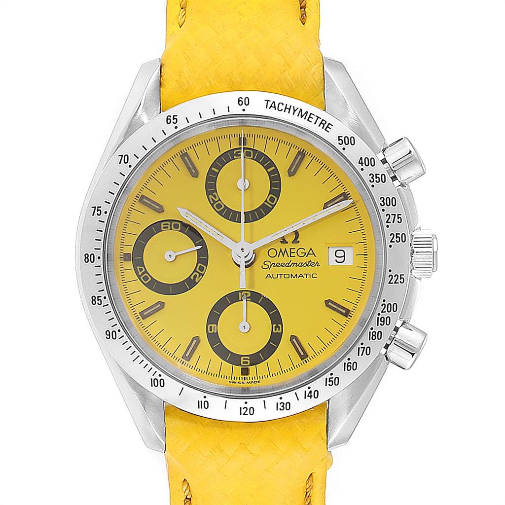 The Omega Speedmaster 3511.12.00 Men's Stainless Steel Yellow Dial 3511.12.00 Men's Stainless Steel Yellow Dial watch is shown from a front view, highlighting the yellow dial, three sub-dials, and date window, with a yellow strap.