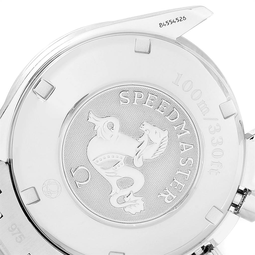 This image shows the case back of an Omega Speedmaster 3211.50.00 Men
s Stainless Steel Black Dial 3211.50.00 Men
s Stainless Steel Black Dial watch, highlighting the engraved emblem and water resistance depth.