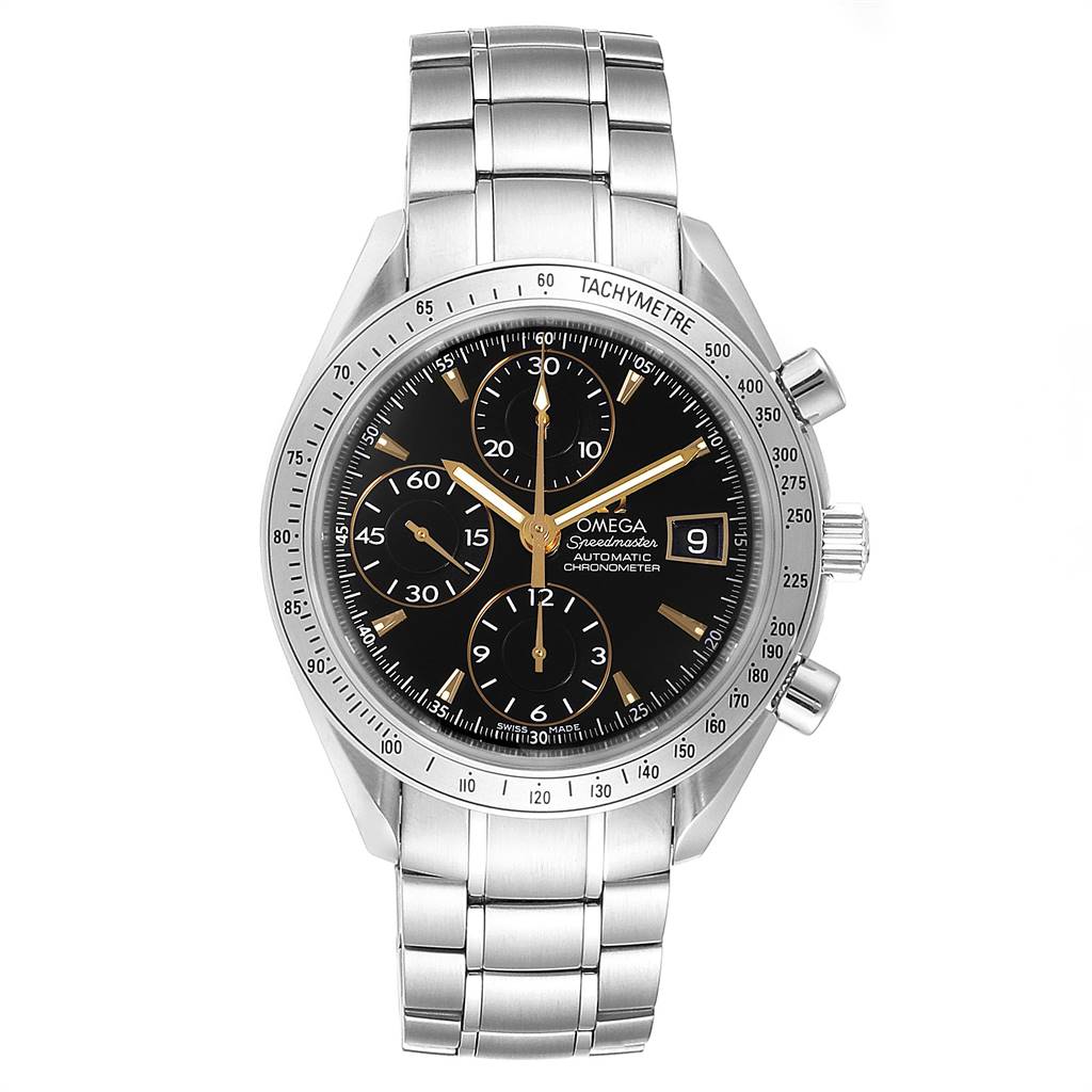The image shows a front view of the Omega Speedmaster 3211.50.00 Men
s Stainless Steel Black Dial 3211.50.00 Men
s Stainless Steel Black Dial watch, highlighting its dial, bezel, subdials, and metal bracelet.