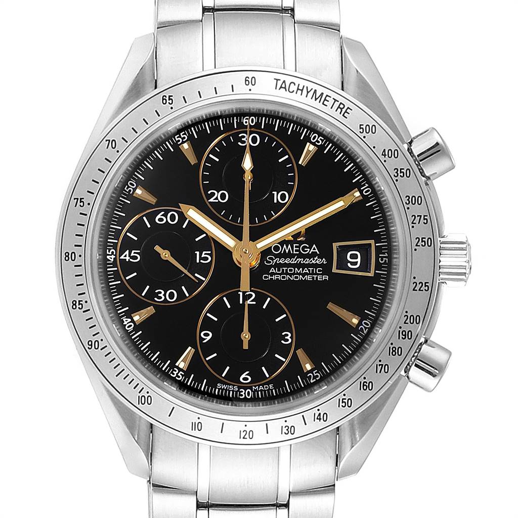 The image shows a front view of an Omega Speedmaster 3211.50.00 Men
s Stainless Steel Black Dial 3211.50.00 Men
s Stainless Steel Black Dial watch, displaying the face, chronograph dials, and part of the stainless steel bracelet.