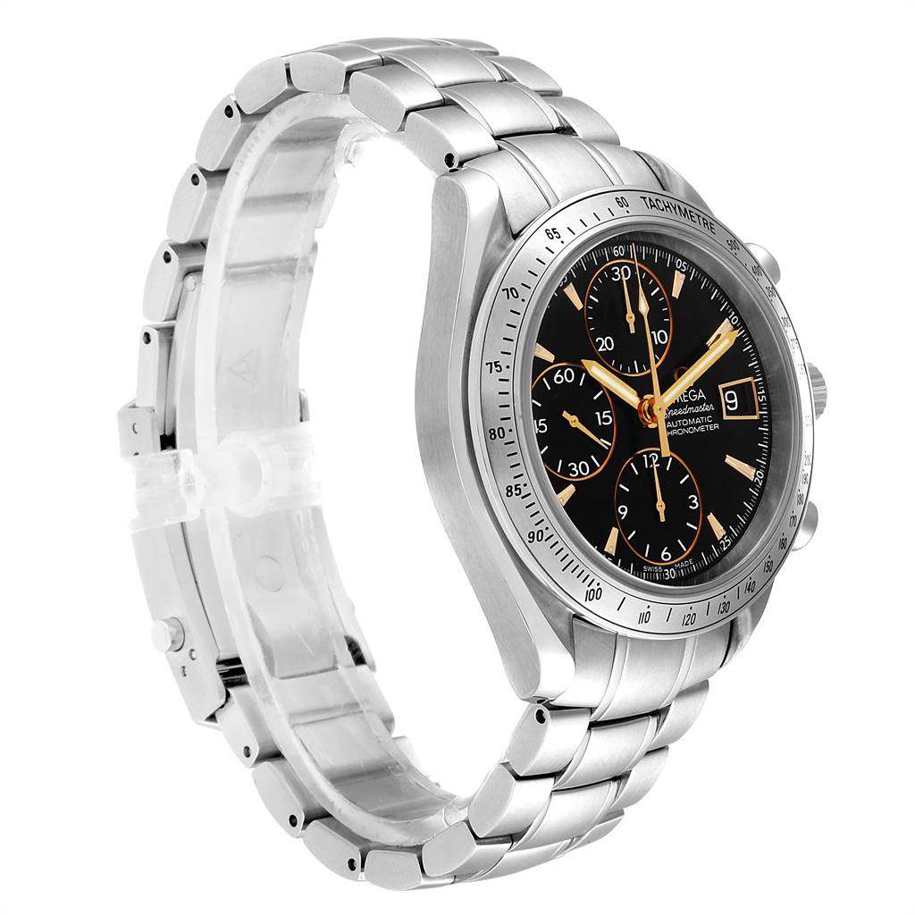 This image shows a side and front angle of an Omega Speedmaster 3211.50.00 Men
s Stainless Steel Black Dial 3211.50.00 Men
s Stainless Steel Black Dial watch, highlighting its bracelet and face.