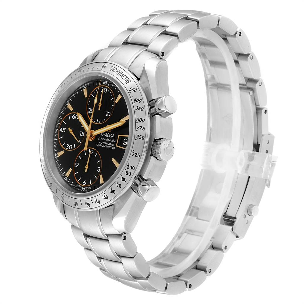 The image shows a three-quarter side view of an Omega Speedmaster 3211.50.00 Men
s Stainless Steel Black Dial 3211.50.00 Men
s Stainless Steel Black Dial watch, highlighting its face, bezel, crown, and bracelet.