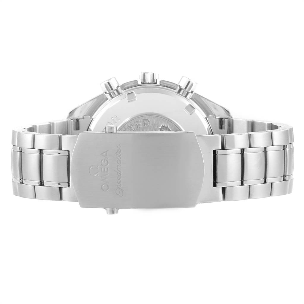 The image shows the stainless steel clasp and back of the Omega Speedmaster 3211.50.00 Men
s Stainless Steel Black Dial 3211.50.00 Men
s Stainless Steel Black Dial watch from the rear angle.