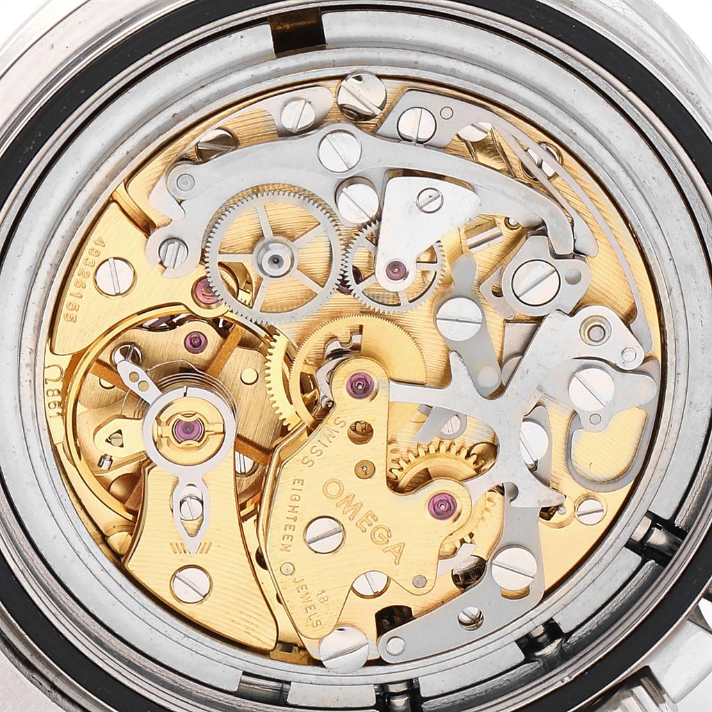 The image shows a close-up of the movement mechanism of an Omega Speedmaster 145.022 Men's Stainless Steel Black Dial 145.022 Men's Stainless Steel Black Dial watch.