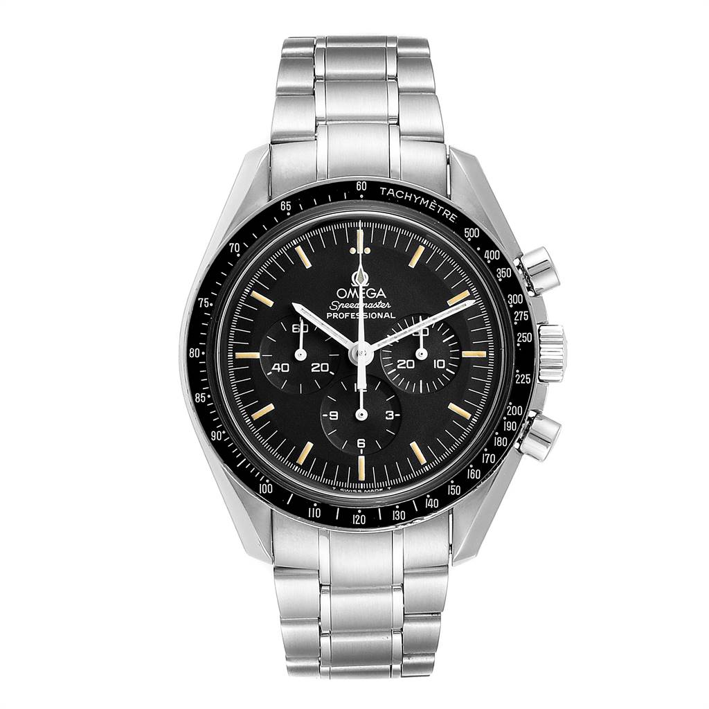 This image shows a front view of the Omega Speedmaster 145.022 Men's Stainless Steel Black Dial 145.022 Men's Stainless Steel Black Dial Professional watch, highlighting the dial, bezel, sub-dials, and bracelet.