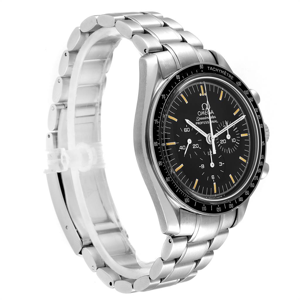 The Omega Speedmaster 145.022 Men's Stainless Steel Black Dial 145.022 Men's Stainless Steel Black Dial watch is shown at a slight left-side angle, highlighting its face, bezel, and metal bracelet.