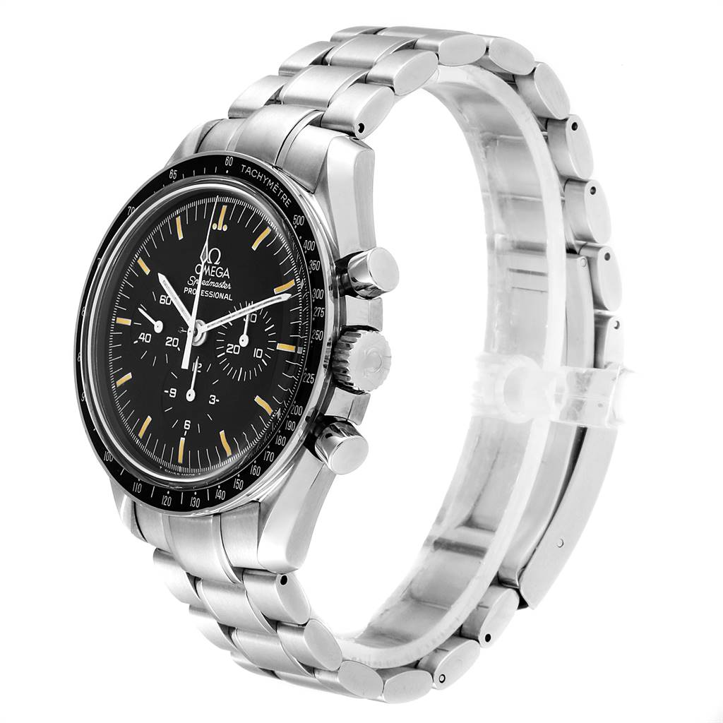 The image shows an Omega Speedmaster 145.022 Men's Stainless Steel Black Dial 145.022 Men's Stainless Steel Black Dial watch at a slight angle, displaying the bracelet, case, crown, and chronograph pushers.