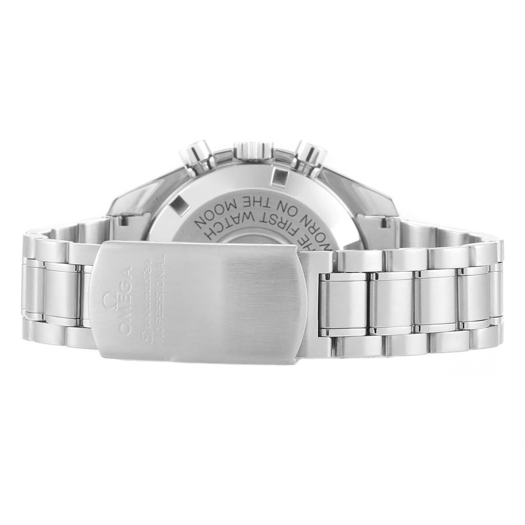 This image displays the back of the Omega Speedmaster 145.022 Men's Stainless Steel Black Dial 145.022 Men's Stainless Steel Black Dial watch, focusing on its metal bracelet and engraved clasp.