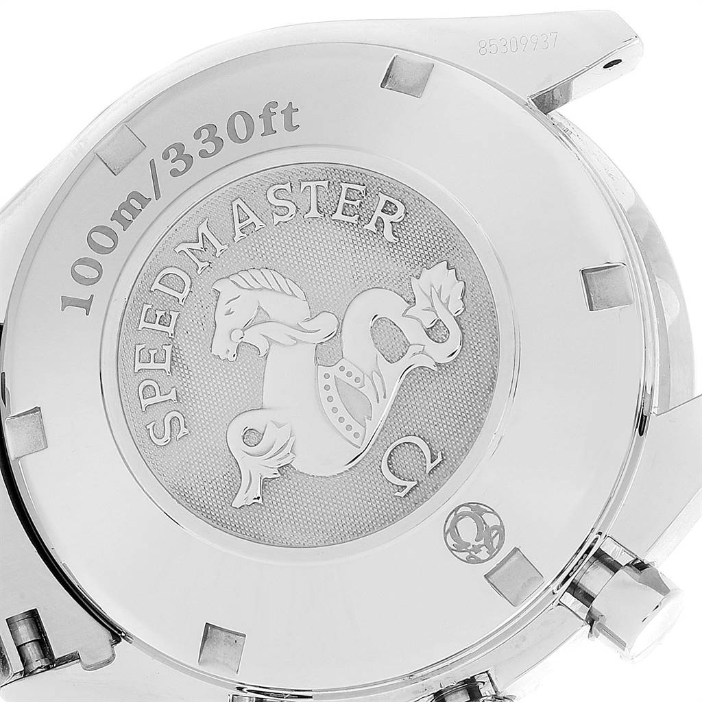This image shows the engraved case back of an Omega Speedmaster 323.10.40.40.02.001 Men
s Stainless Steel Silver Dial 323.10.40.40.02.001 Men
s Stainless Steel Silver Dial watch, highlighting water resistance details and a seahorse emblem.