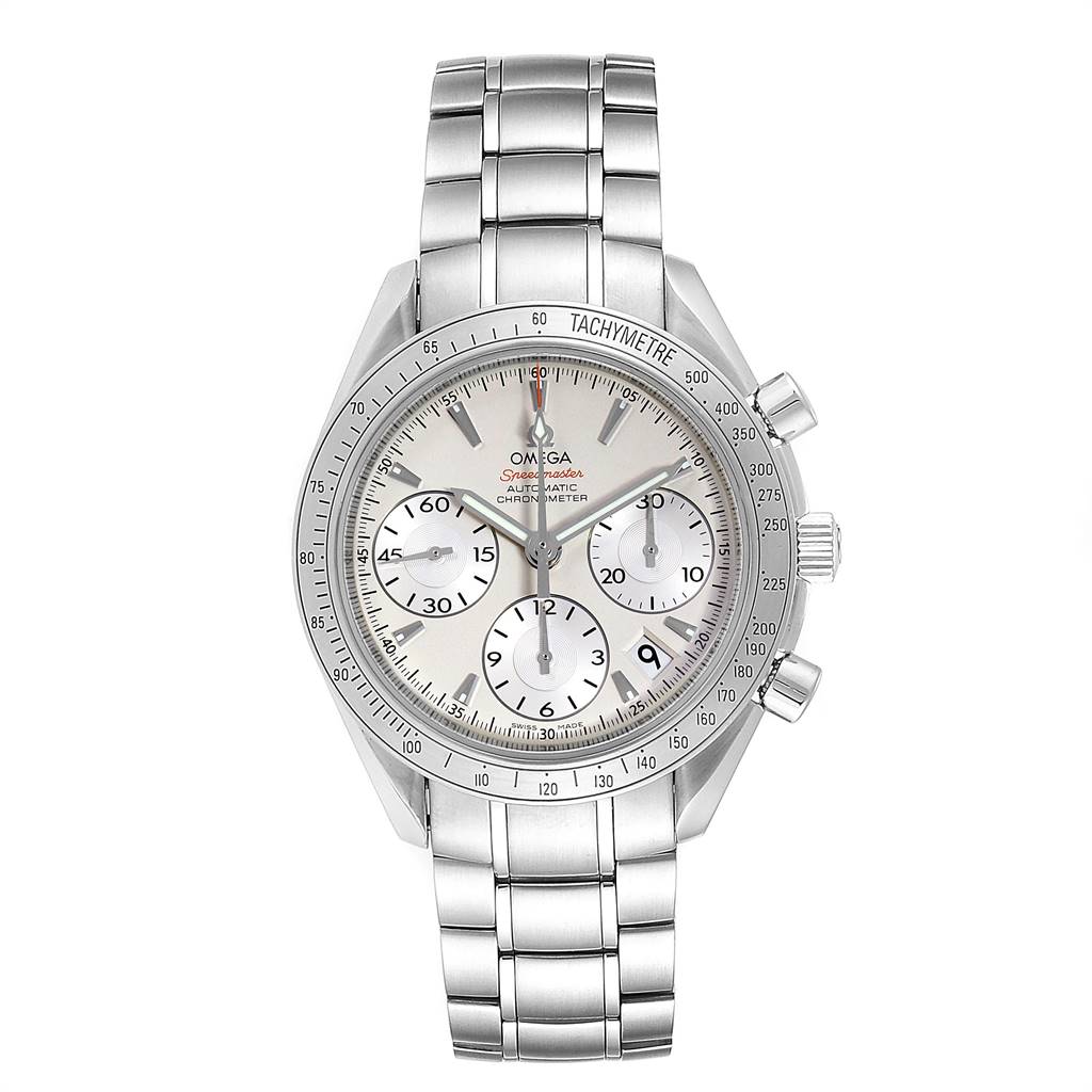 The image shows a front view of an Omega Speedmaster 323.10.40.40.02.001 Men
s Stainless Steel Silver Dial 323.10.40.40.02.001 Men
s Stainless Steel Silver Dial watch, displaying its dial, bezel, and metal bracelet.