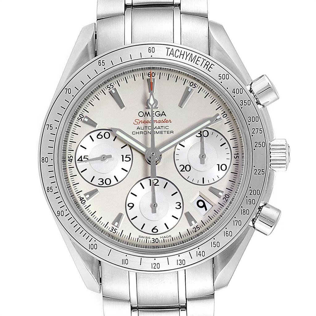 The Omega Speedmaster 323.10.40.40.02.001 Men
s Stainless Steel Silver Dial 323.10.40.40.02.001 Men
s Stainless Steel Silver Dial watch is shown from a front angle, displaying the dial, chronograph subdials, tachymeter bezel, and stainless steel bracelet.
