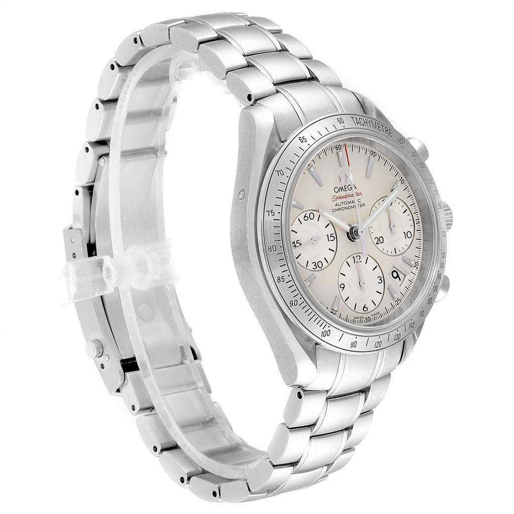 The Omega Speedmaster 323.10.40.40.02.001 Men
s Stainless Steel Silver Dial 323.10.40.40.02.001 Men
s Stainless Steel Silver Dial watch is shown at a 3/4 angle, highlighting its silver bracelet, chronograph dials, and tachymeter bezel.