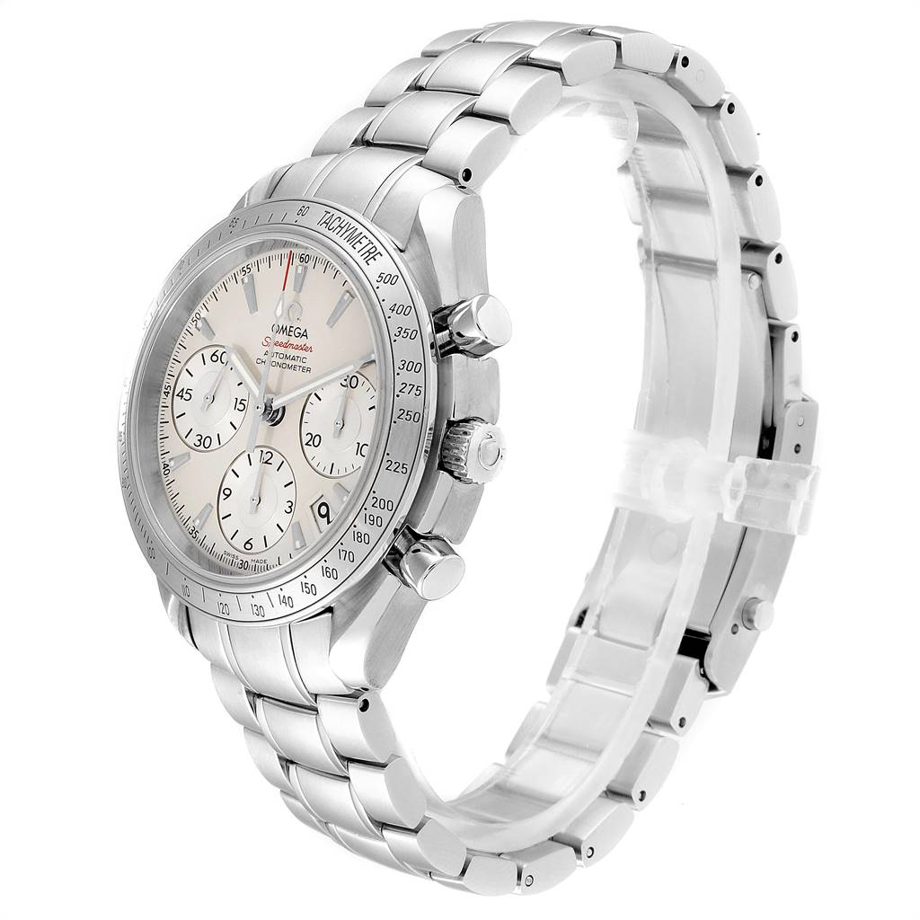 The Omega Speedmaster 323.10.40.40.02.001 Men
s Stainless Steel Silver Dial 323.10.40.40.02.001 Men
s Stainless Steel Silver Dial watch is shown at a three-quarter angle, highlighting the dial, bezel, crown, pushers, and bracelet.