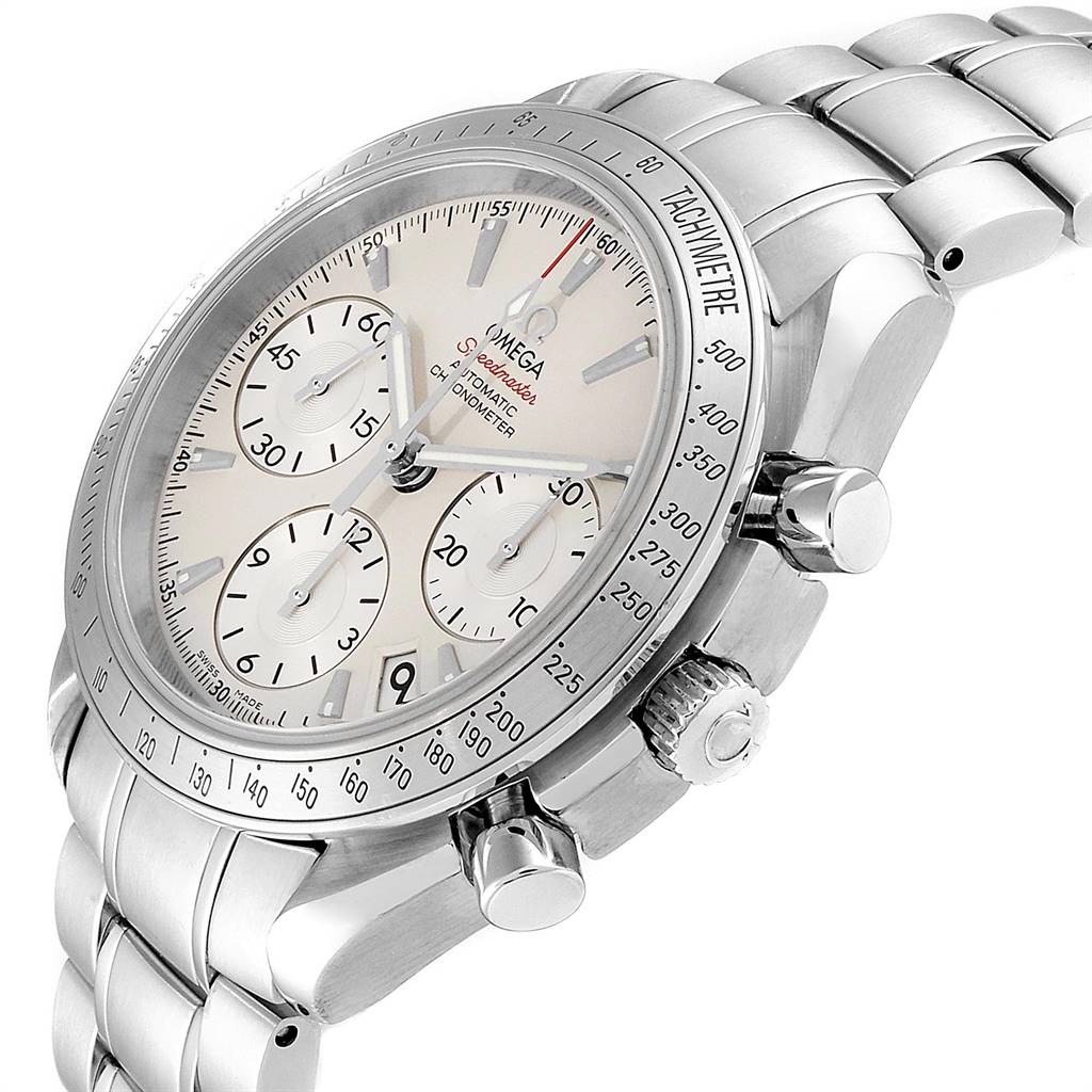 This image shows an angled view of the Omega Speedmaster 323.10.40.40.02.001 Men
s Stainless Steel Silver Dial 323.10.40.40.02.001 Men
s Stainless Steel Silver Dial watch, featuring its dial, tachymeter bezel, and side buttons.