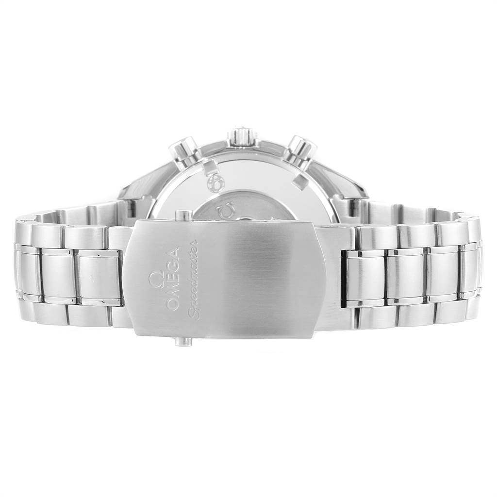 The image shows the back case and clasp of the Omega Speedmaster 323.10.40.40.02.001 Men
s Stainless Steel Silver Dial 323.10.40.40.02.001 Men
s Stainless Steel Silver Dial watch at a rear angle.
