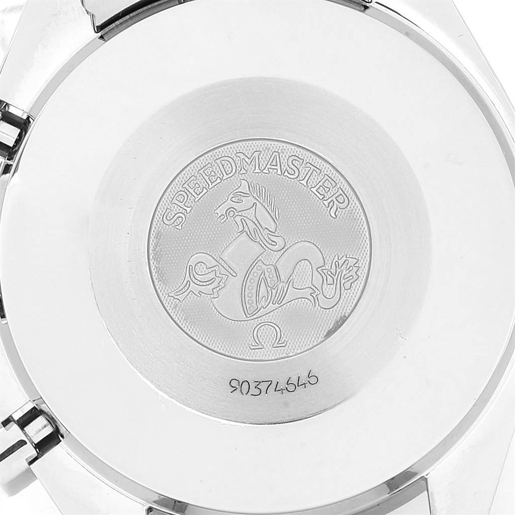 This image shows the back case of an Omega Speedmaster 3510.50.00 Men
s Stainless Steel Black Dial 3510.50.00 Men
s Stainless Steel Black Dial watch with its logo and engraved design.