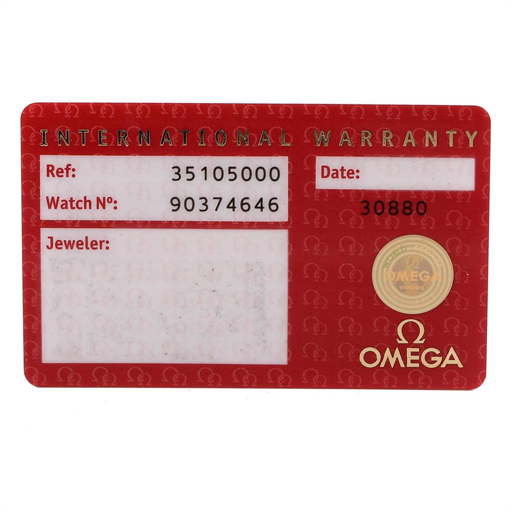 This image shows the international warranty card for an Omega Speedmaster 3510.50.00 Men
s Stainless Steel Black Dial 3510.50.00 Men
s Stainless Steel Black Dial watch.