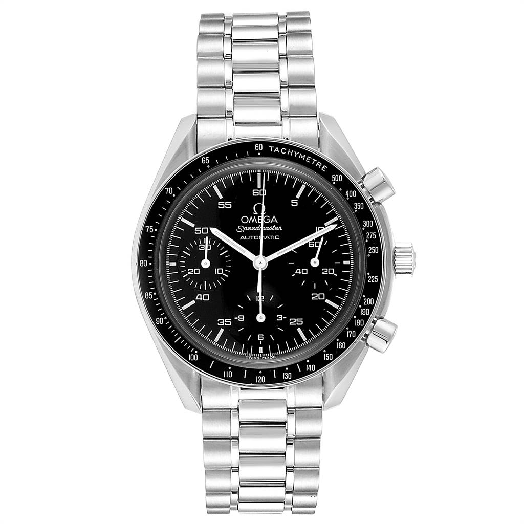 The image shows a front view of the Omega Speedmaster 3510.50.00 Men
s Stainless Steel Black Dial 3510.50.00 Men
s Stainless Steel Black Dial watch, highlighting the dial, bezel, and stainless steel bracelet.