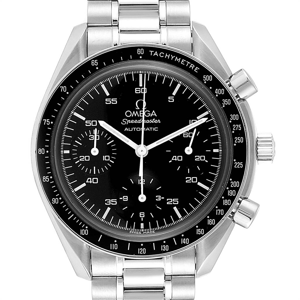 The image shows a frontal view of the Omega Speedmaster 3510.50.00 Men
s Stainless Steel Black Dial 3510.50.00 Men
s Stainless Steel Black Dial watch, highlighting its dial, bezel, and bracelet.