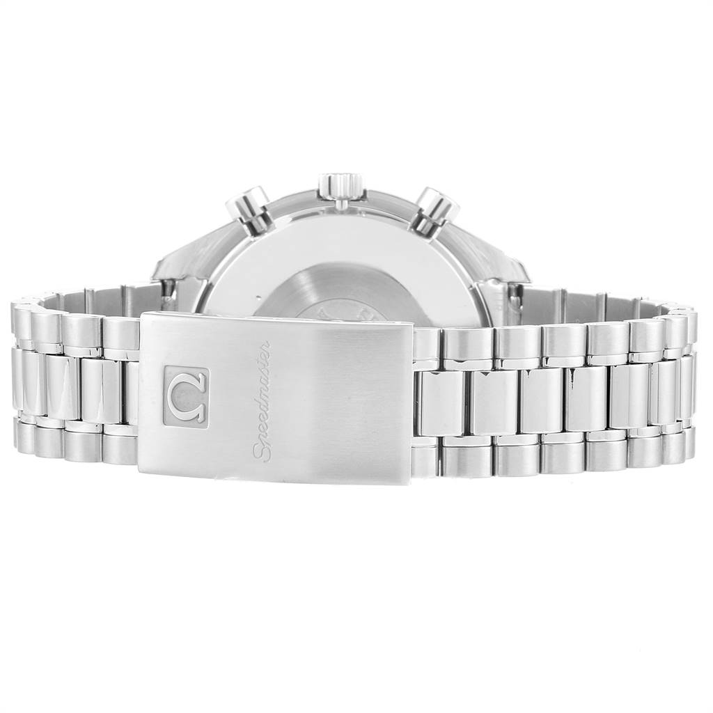 The image shows the backside of an Omega Speedmaster 3510.50.00 Men
s Stainless Steel Black Dial 3510.50.00 Men
s Stainless Steel Black Dial watch, focusing on the clasp and bracelet.